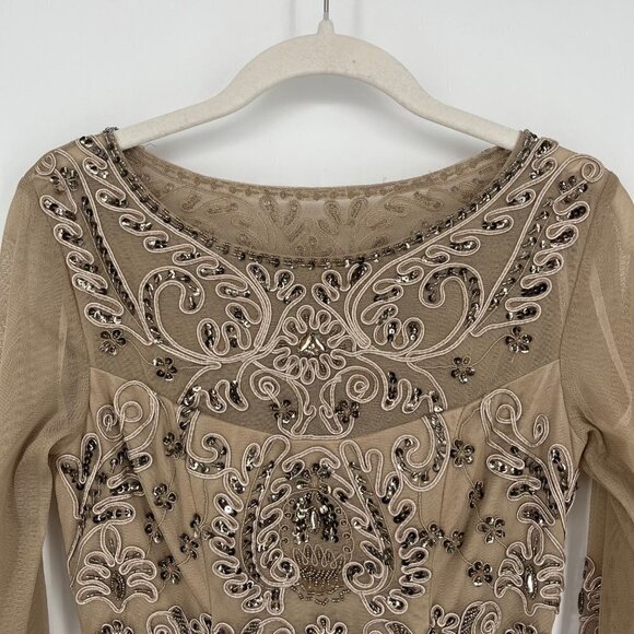 Sue Wong Nocturne Womens Beaded Knee Length Dress Gown Size 2 Tan Beige Sheer - Picture 3 of 10